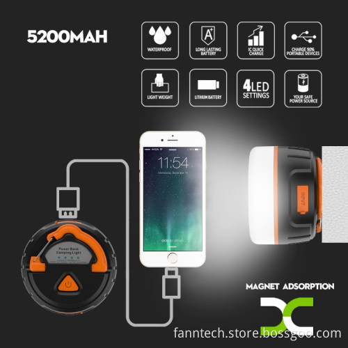 Portable LED Camping Lantern with 5200mah Power Bank & Magnet for Hiking & Illumination & Phone Charging